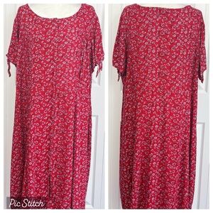 Ellos Classic Red Floral Tie Sleeve Button Down Midi Shirtdress 24